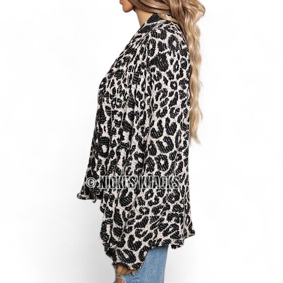 Forever 21 Leopard Print Knit Cardigan Tan Black Waterfall Open Front Size S - Picture 4 of 8